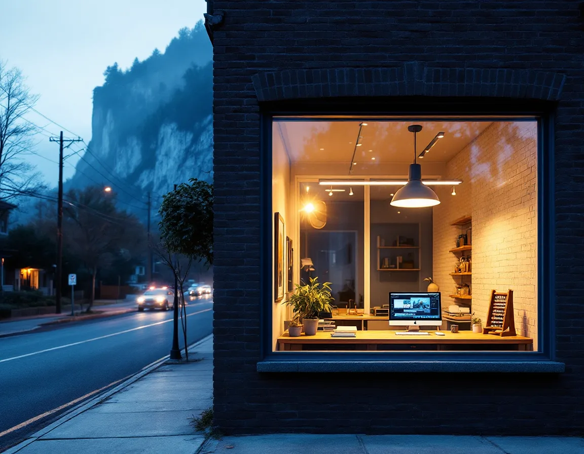 The Abacadence studio window on Undercliff Ave at golden hour, with the Palisades cliff rising behind it