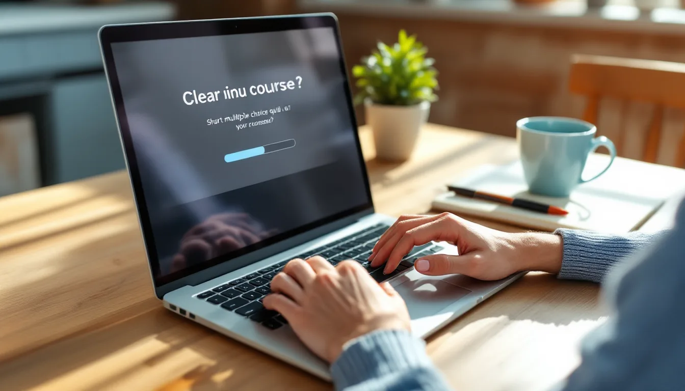 A learner at a kitchen table answering a quiz question inside a finished online course